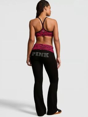 Y2K Retro VS PINK Cotton Bling Foldover Flare Pants & Sports Bra Set Size Lg